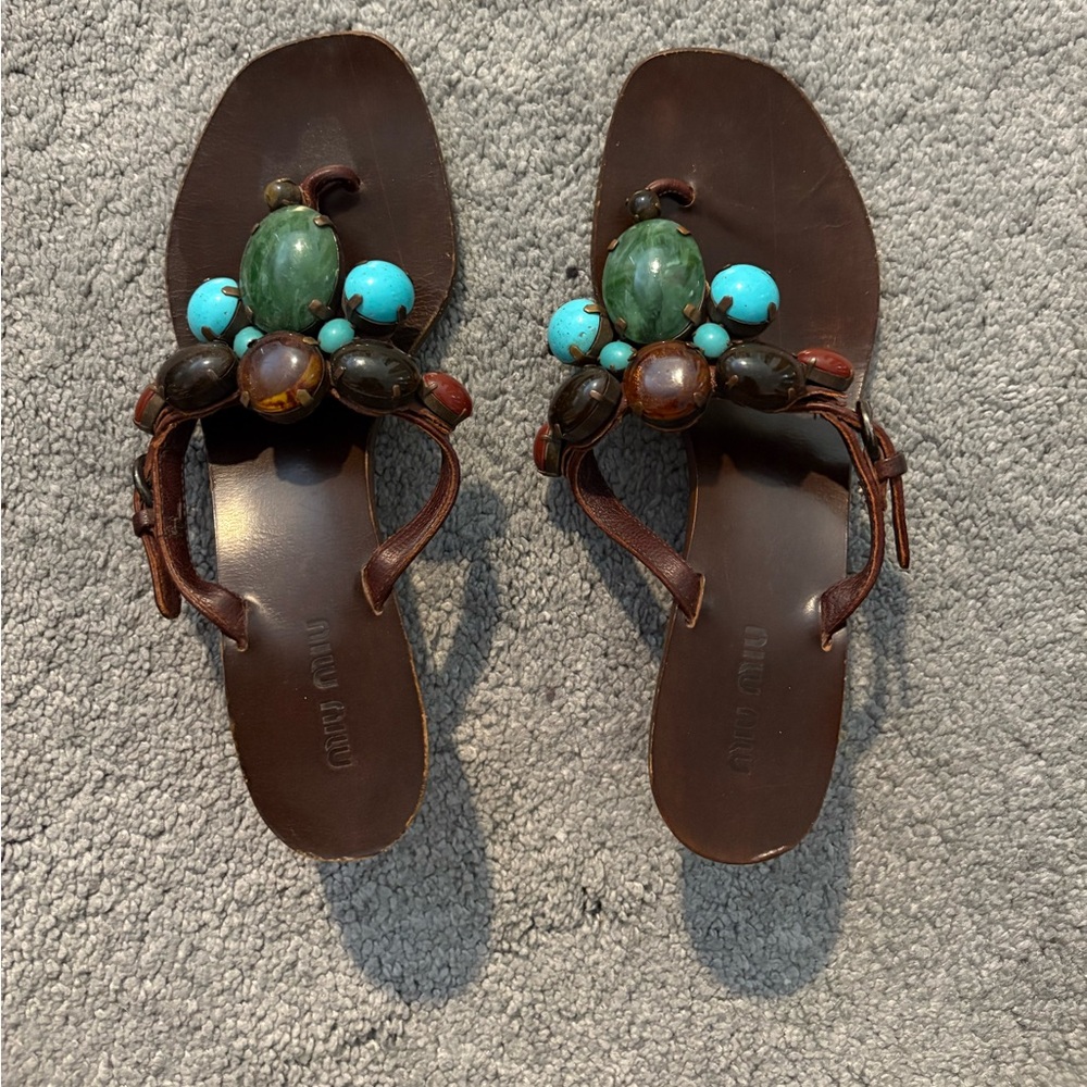 Miu Miu Green and Brown Kitten Heels 
Sandals with Turquoise Embellishments